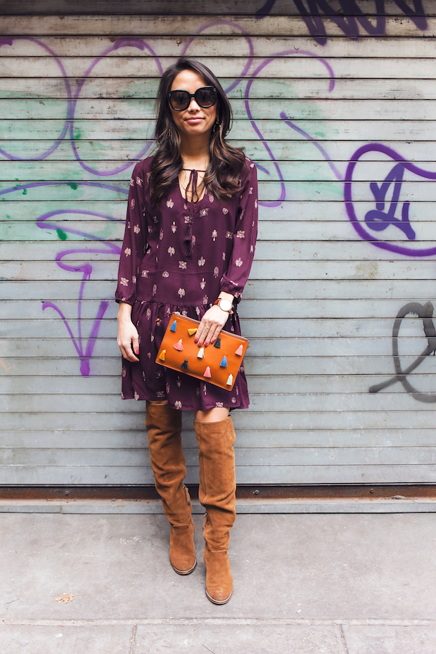 transitioning from winter, drop waist dress, fossil, over the knee boots