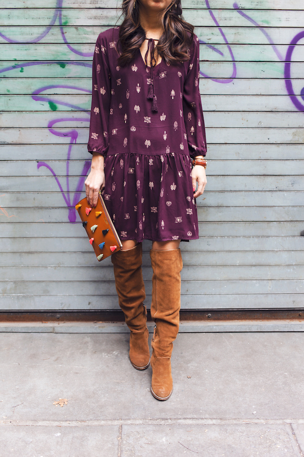 transitioning from winter, drop waist dress, fossil, over the knee boots