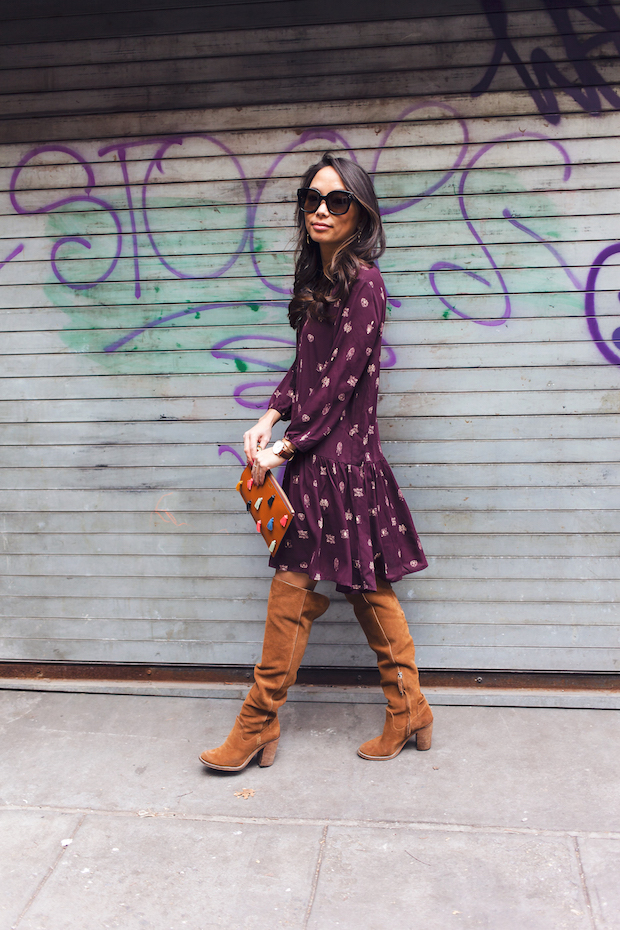 transitioning from winter, drop waist dress, fossil, over the knee boots