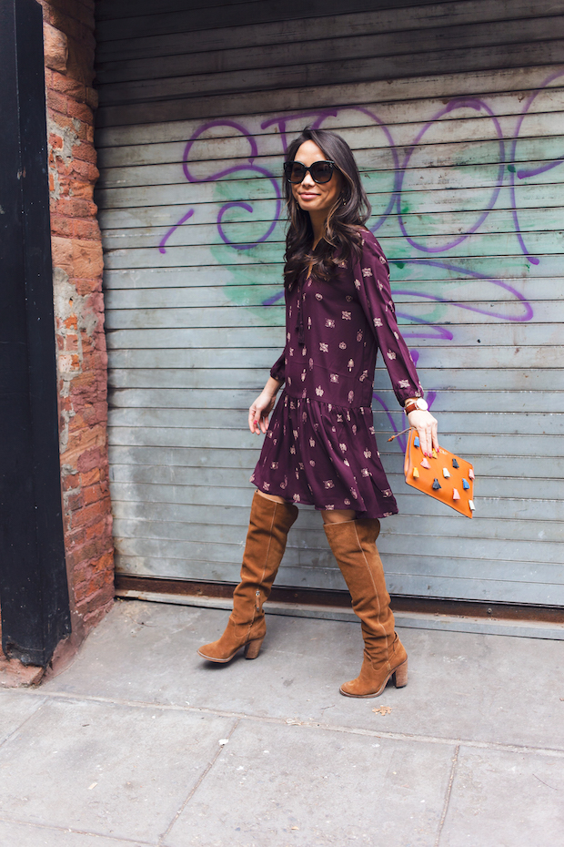 transitioning from winter, drop waist dress, fossil, over the knee boots