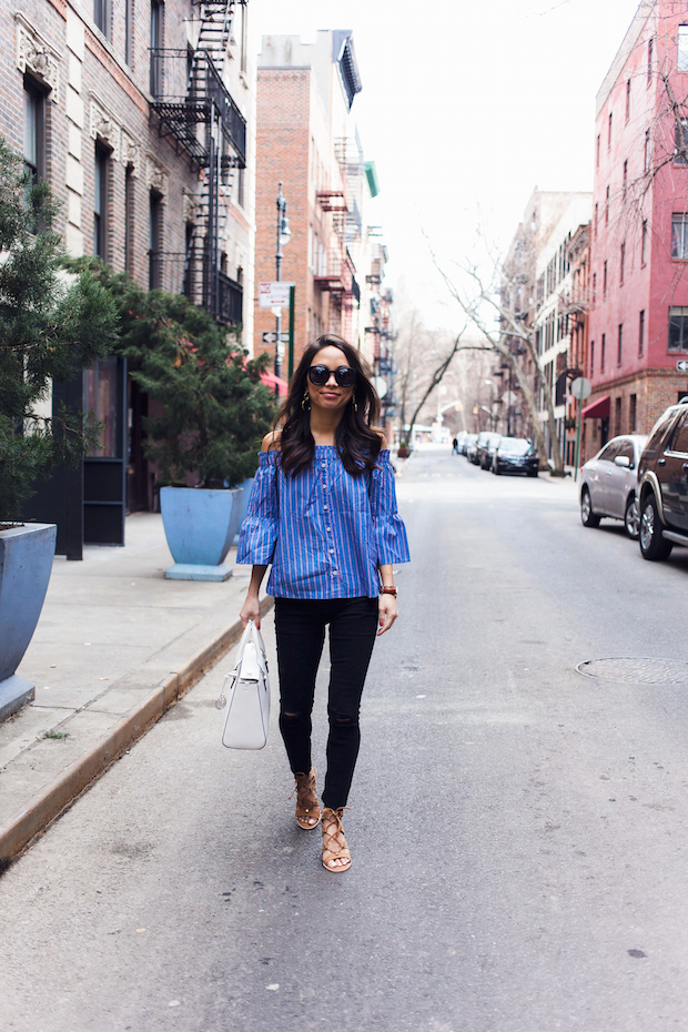 striped off the shoulder blouse, ripped jeans, henri bendel, spring style, nyc bloggers