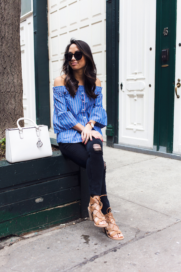 striped off the shoulder blouse, ripped jeans, henri bendel, spring style, nyc bloggers