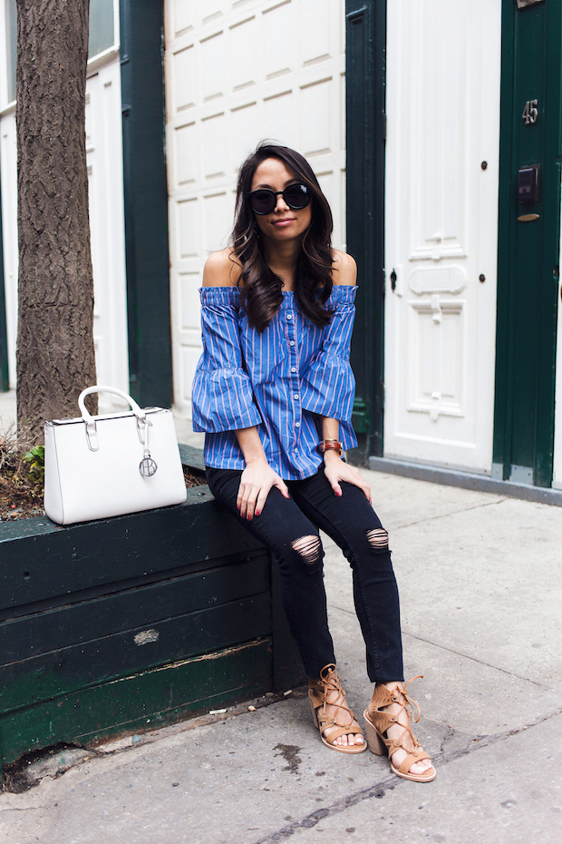 striped off the shoulder blouse, ripped jeans, henri bendel, spring style, nyc bloggers