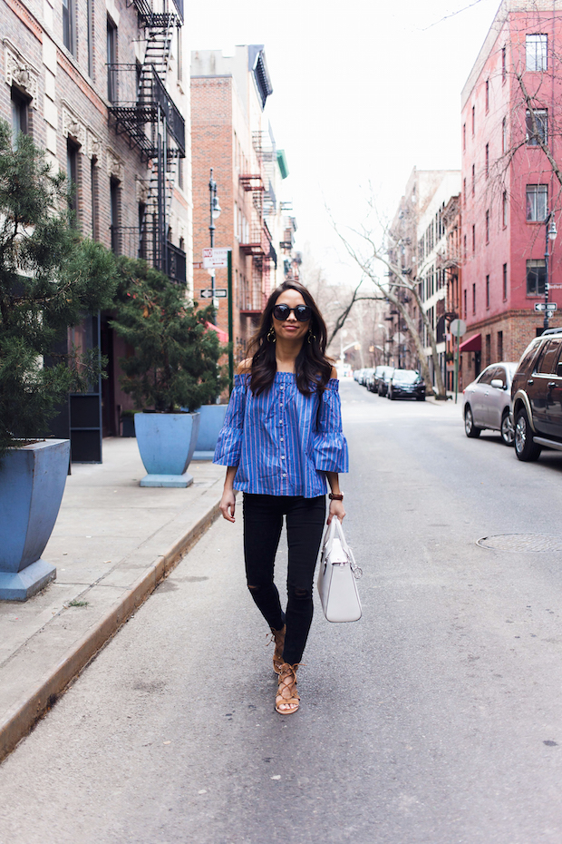 striped off the shoulder blouse, ripped jeans, henri bendel, spring style, nyc bloggers