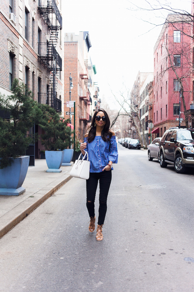 striped off the shoulder blouse, ripped jeans, henri bendel, spring style, nyc bloggers