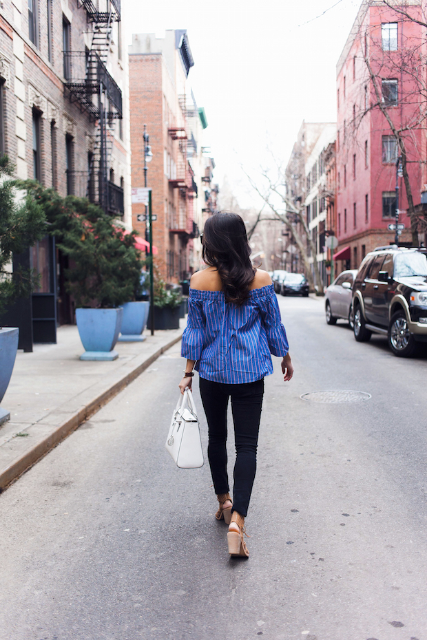 striped off the shoulder blouse, ripped jeans, henri bendel, spring style, nyc bloggers