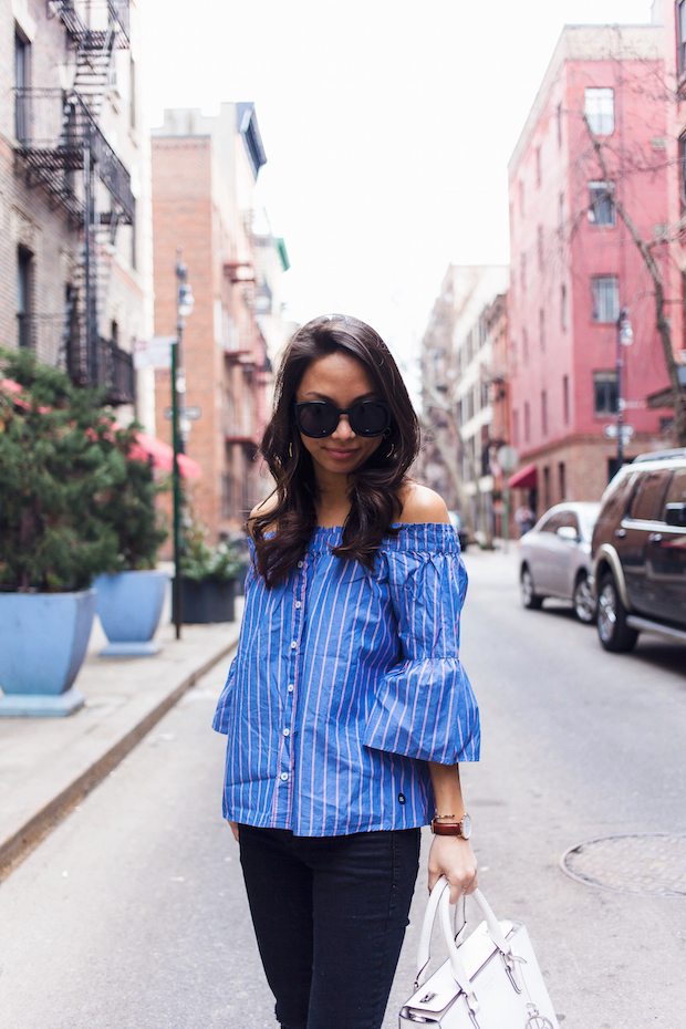 striped off the shoulder blouse, ripped jeans, henri bendel, spring style, nyc bloggers