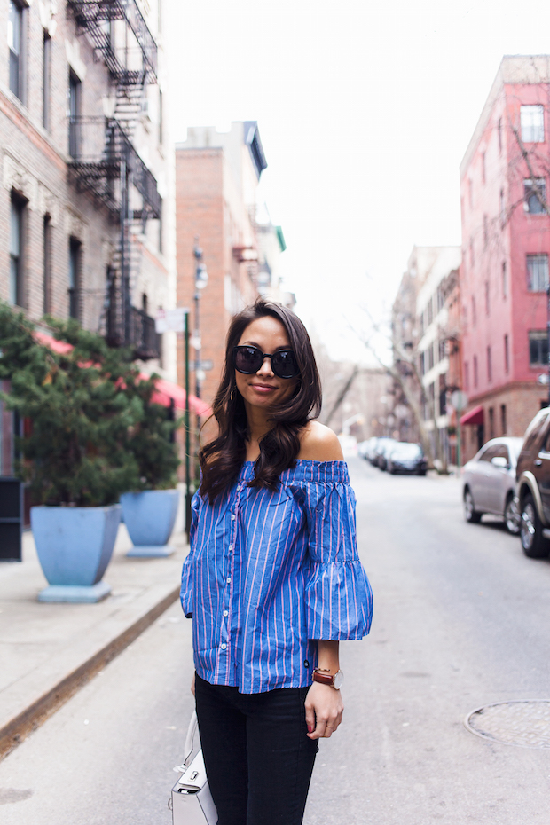 striped off the shoulder blouse, ripped jeans, henri bendel, spring style, nyc bloggers