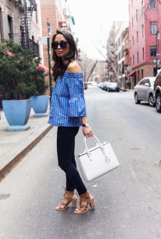 striped off the shoulder blouse, ripped jeans, henri bendel, spring style, nyc bloggers