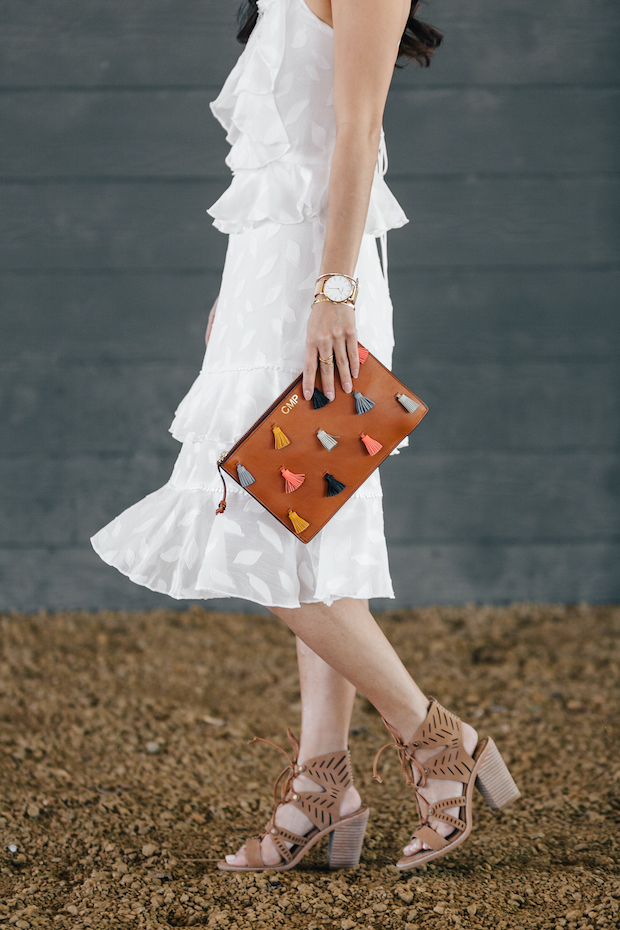 white dress, under $100, dresses for petites, fossil clutch