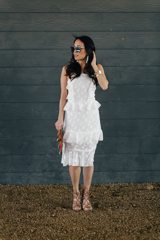 white dress, under $100, dresses for petites, fossil clutch