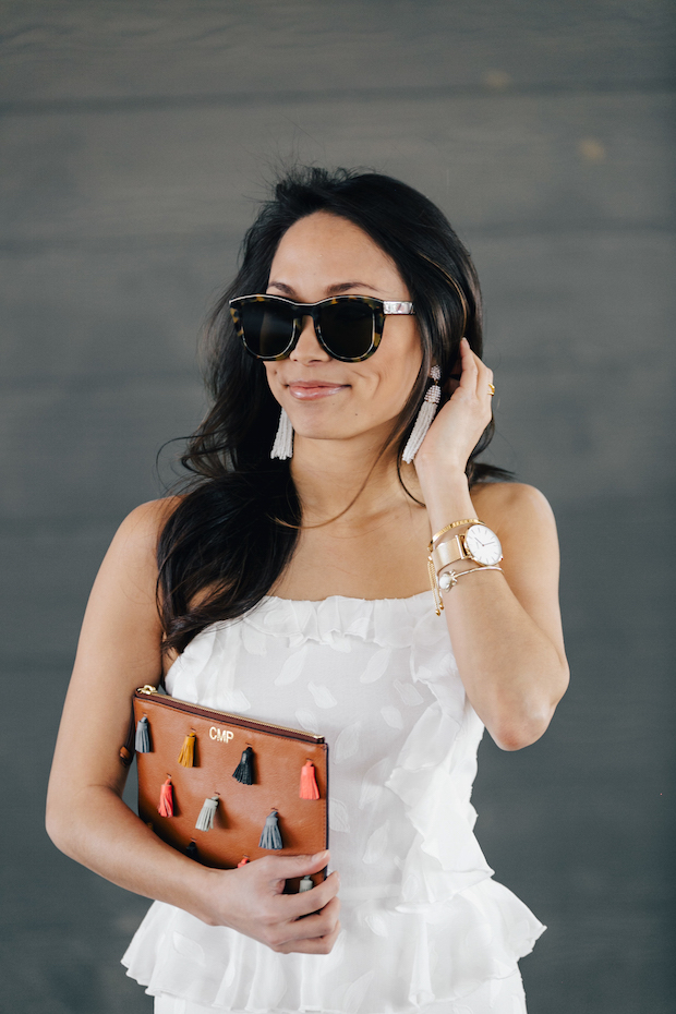 white dress, under $100, dresses for petites, fossil clutch