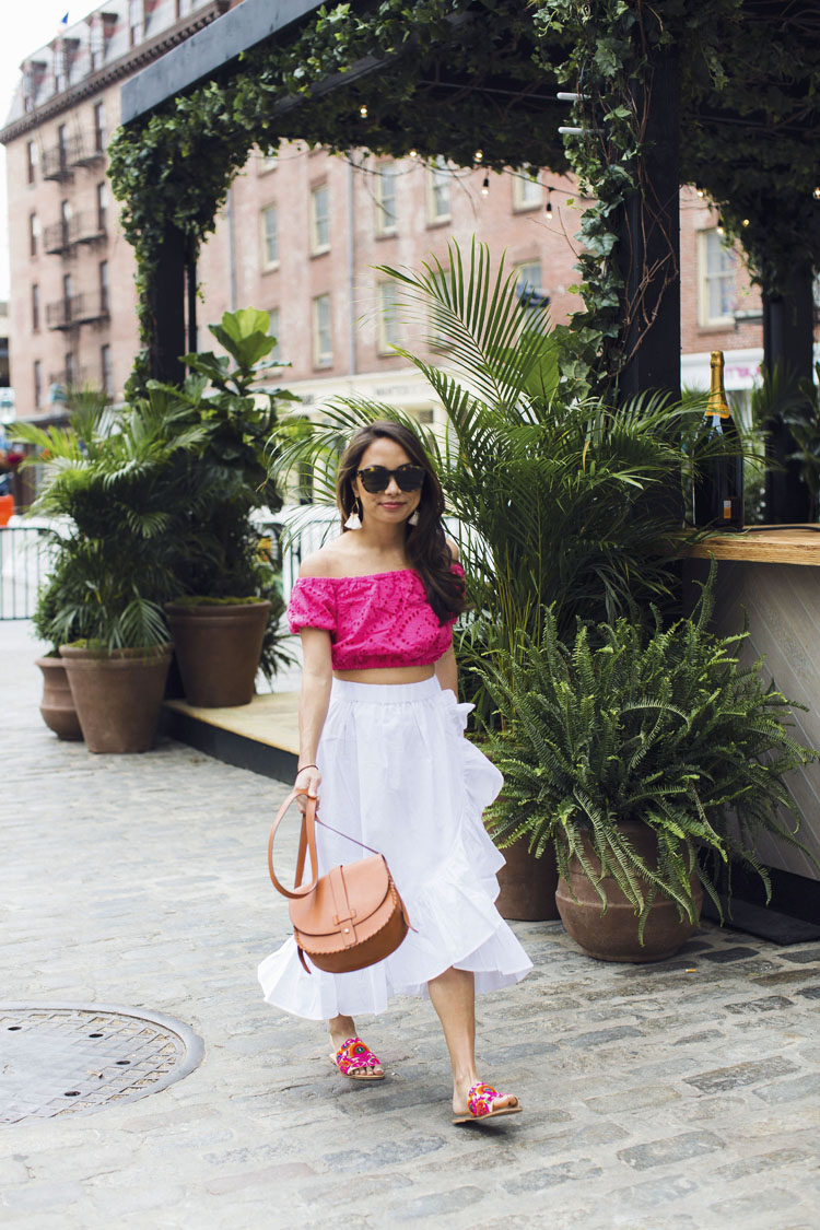 asos summer, crop top, white midi skirt, embroidered sandals, vacation style