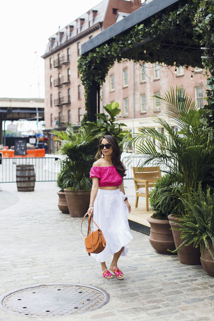 asos summer, crop top, white midi skirt, embroidered sandals, vacation style