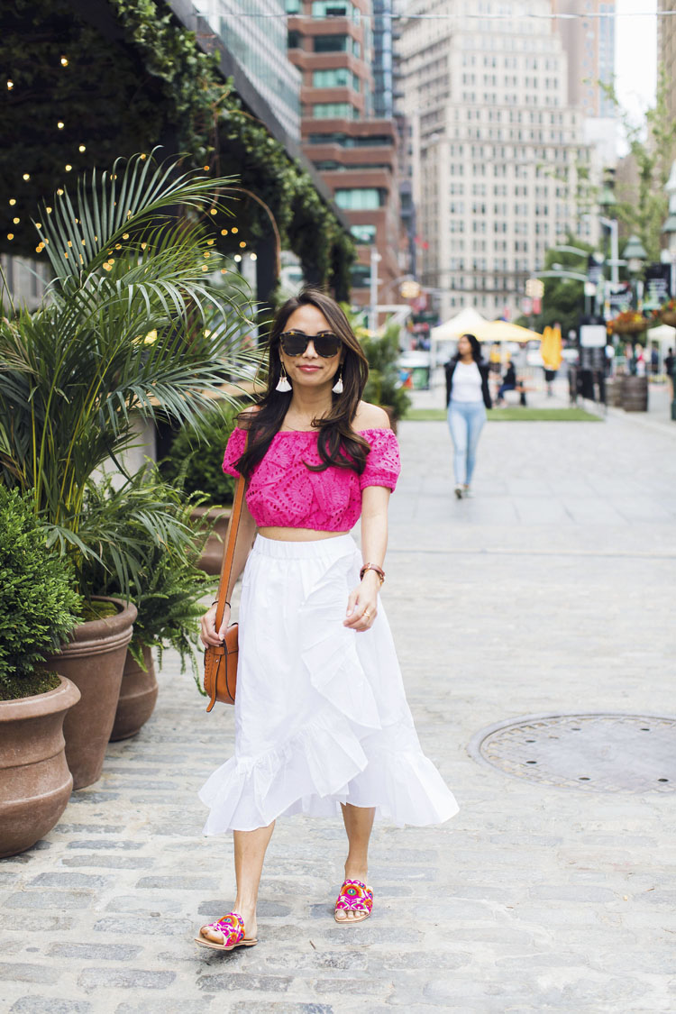 asos summer, crop top, white midi skirt, embroidered sandals, vacation style