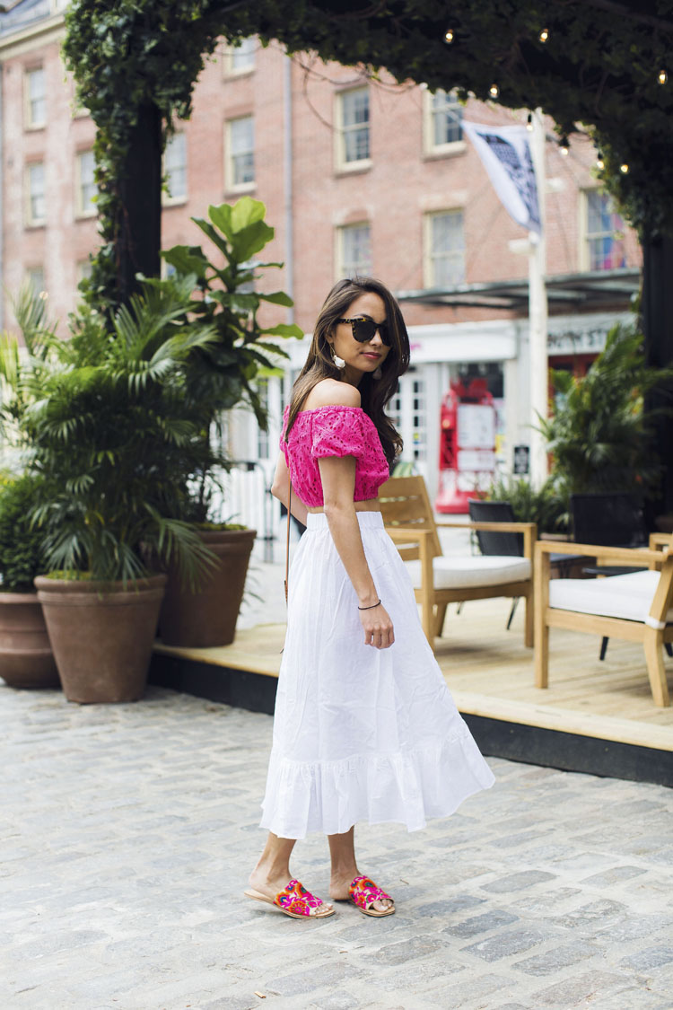 asos summer, crop top, white midi skirt, embroidered sandals, vacation style