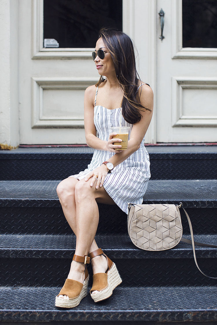 welden bags, striped dress, espadrille wedges, marc fisher, the view from 5 ft. 2