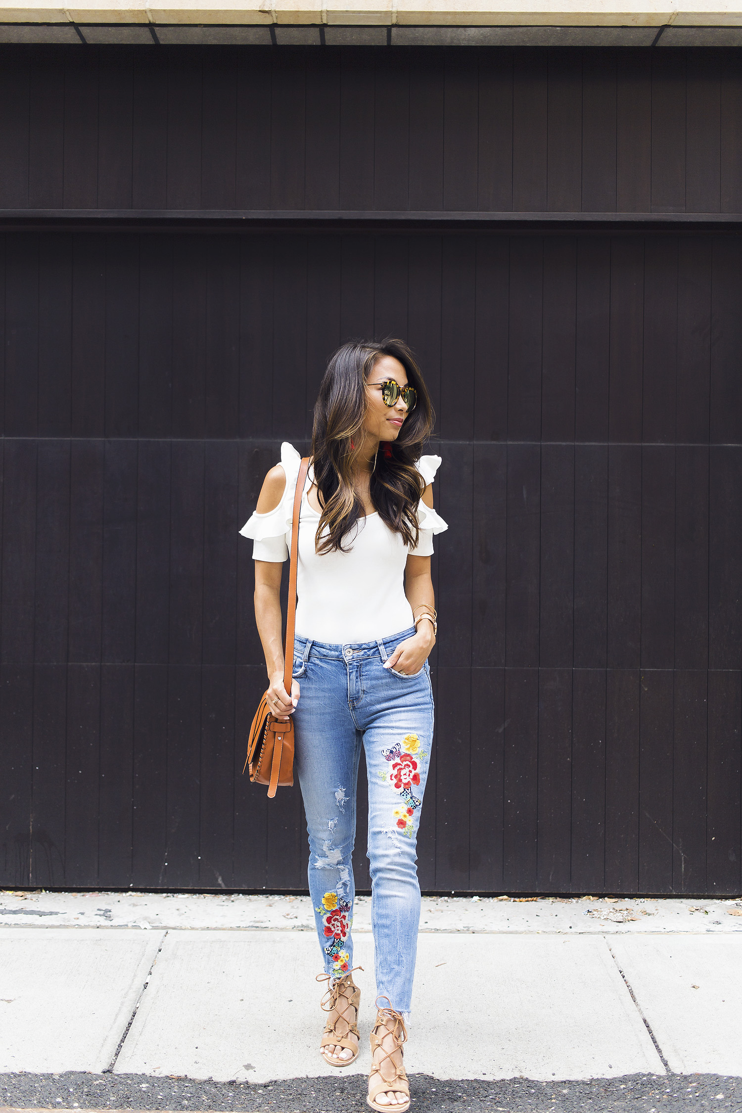 embroidered jeans, ruffles, bodysuit, summer style, the view from 5 ft. 2, nyc bloggers