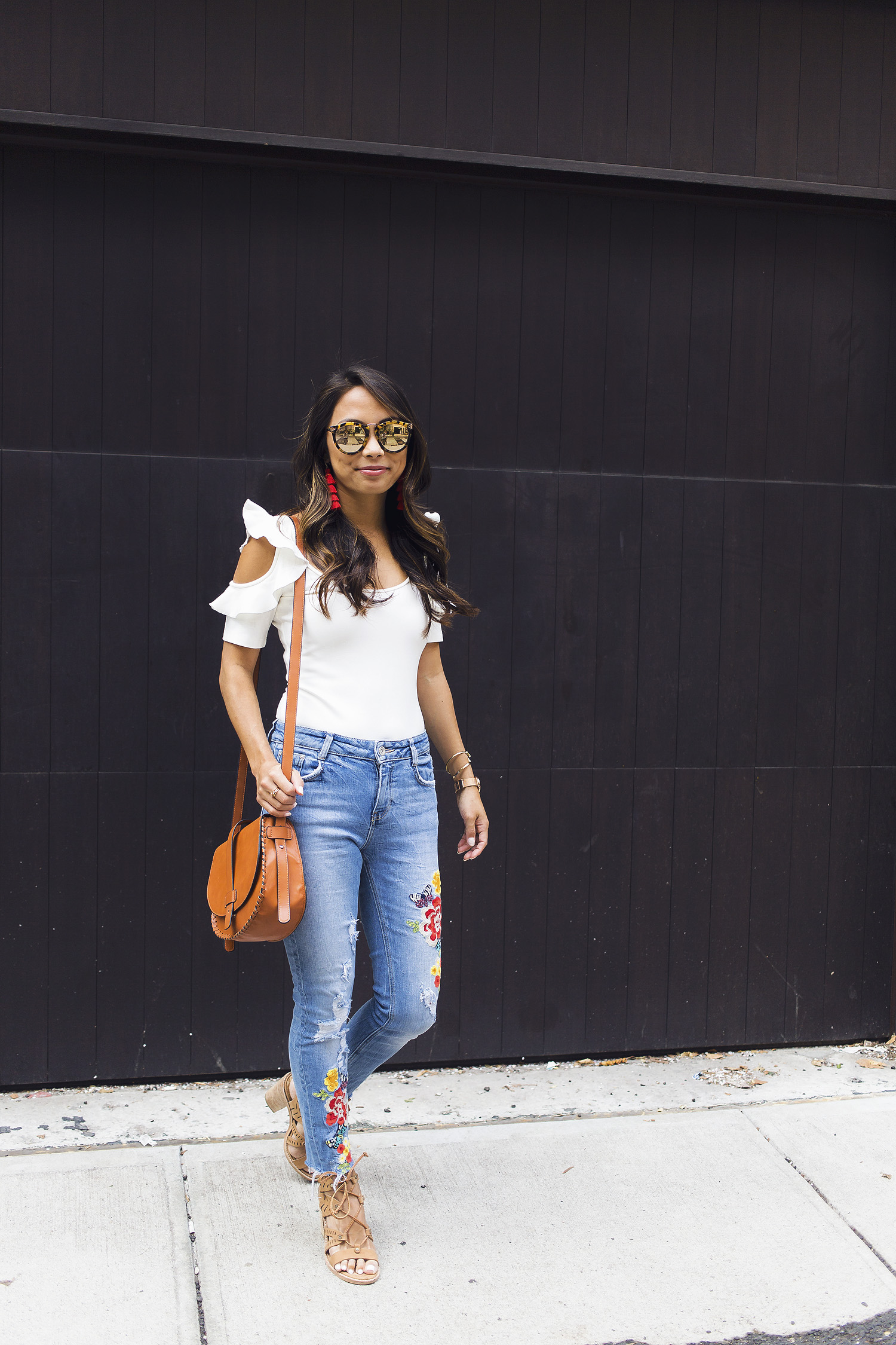 embroidered jeans, ruffles, bodysuit, summer style, the view from 5 ft. 2, nyc bloggers