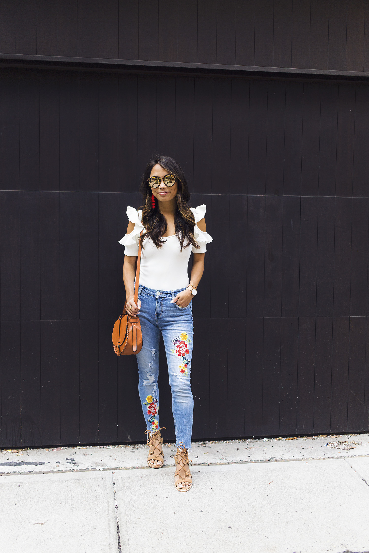 embroidered jeans, ruffles, bodysuit, summer style, the view from 5 ft. 2, nyc bloggers