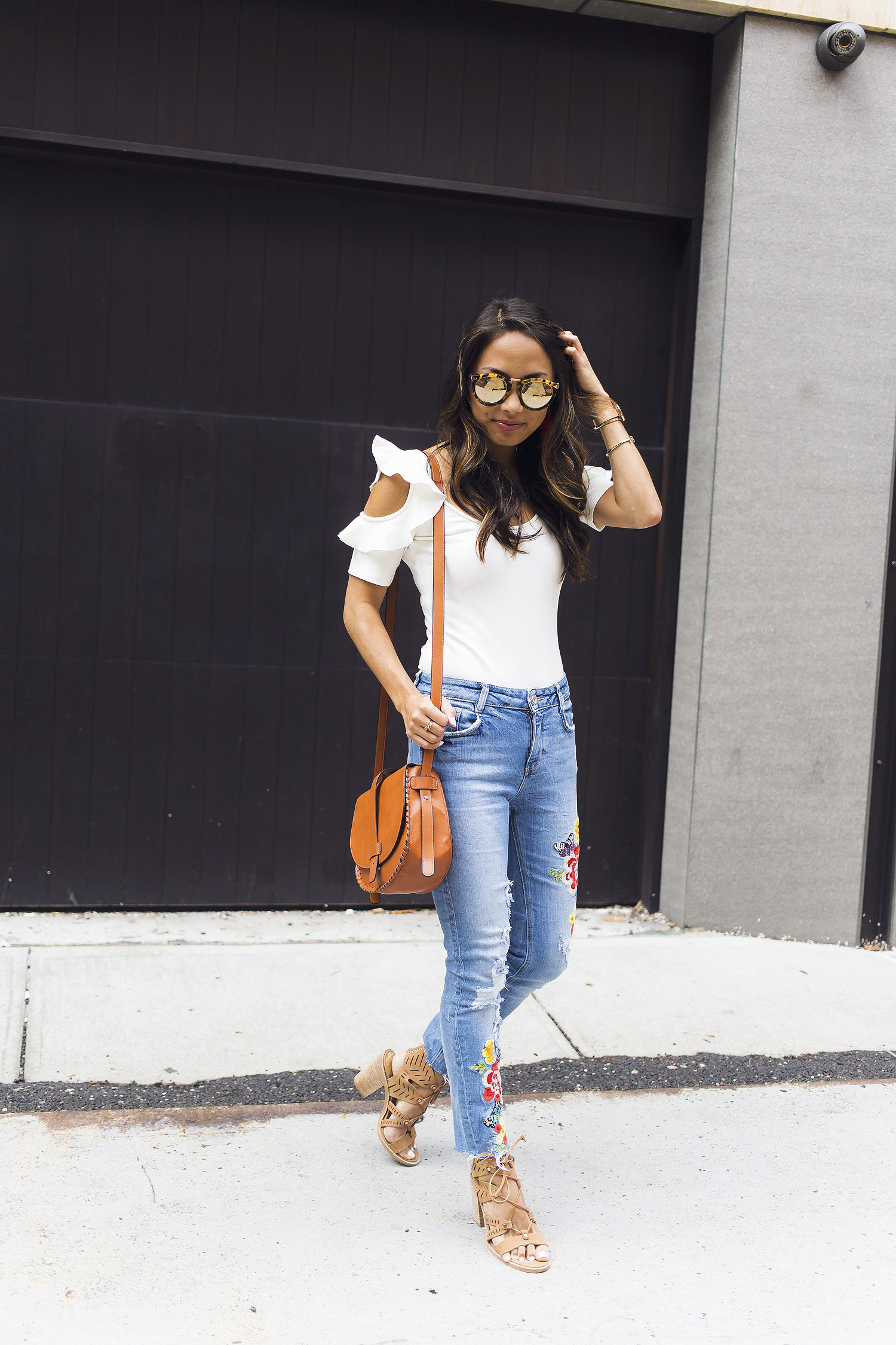 embroidered jeans, ruffles, bodysuit, summer style, the view from 5 ft. 2, nyc bloggers