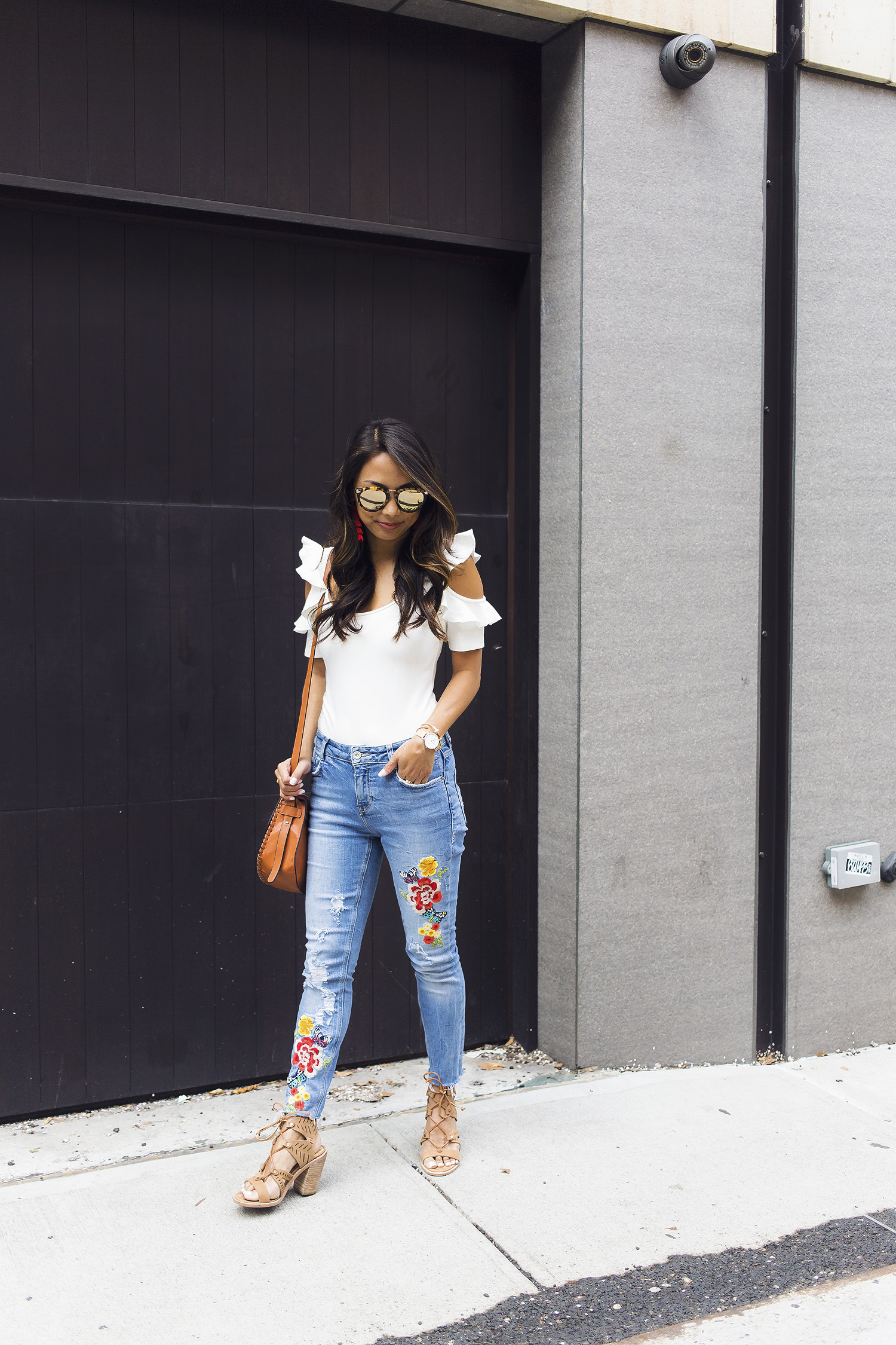 embroidered jeans, ruffles, bodysuit, summer style, the view from 5 ft. 2, nyc bloggers