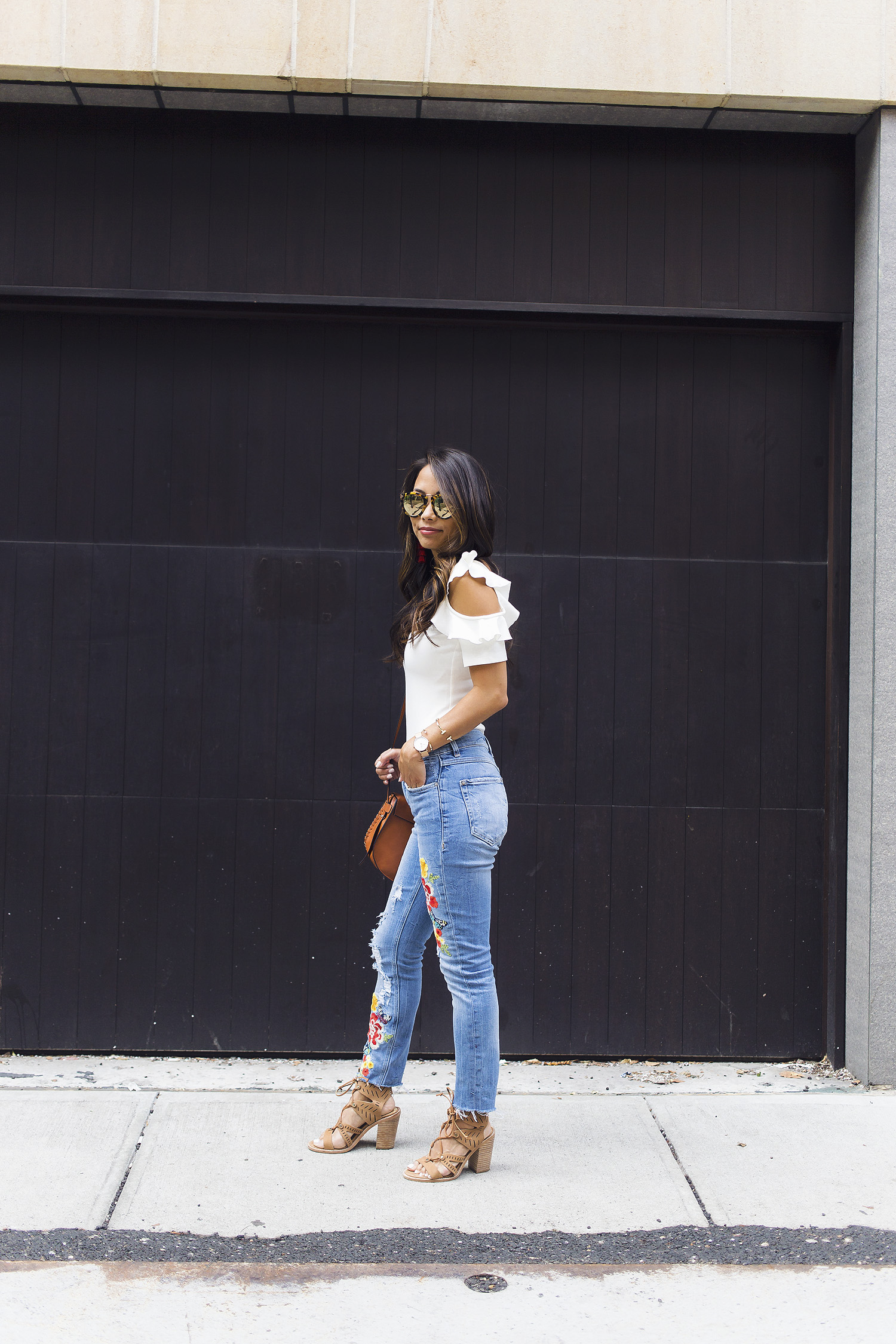 embroidered jeans, ruffles, bodysuit, summer style, the view from 5 ft. 2, nyc bloggers