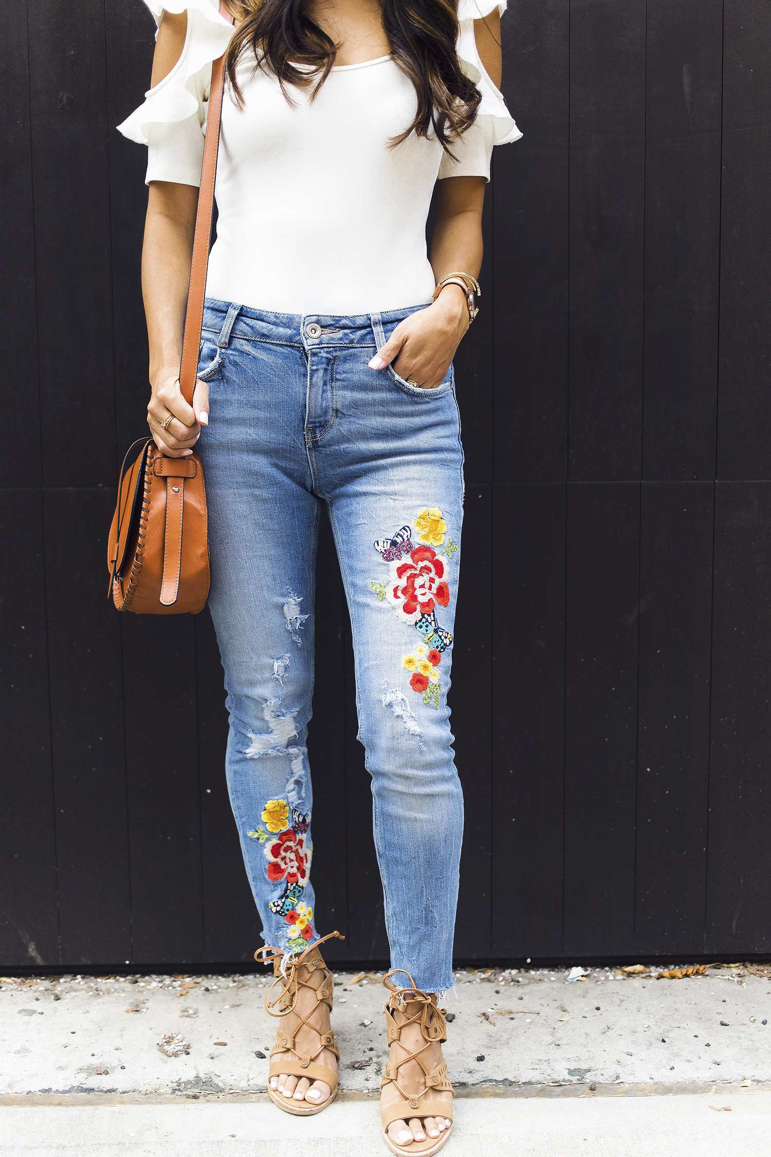 embroidered jeans, ruffles, bodysuit, summer style, the view from 5 ft. 2, nyc bloggers