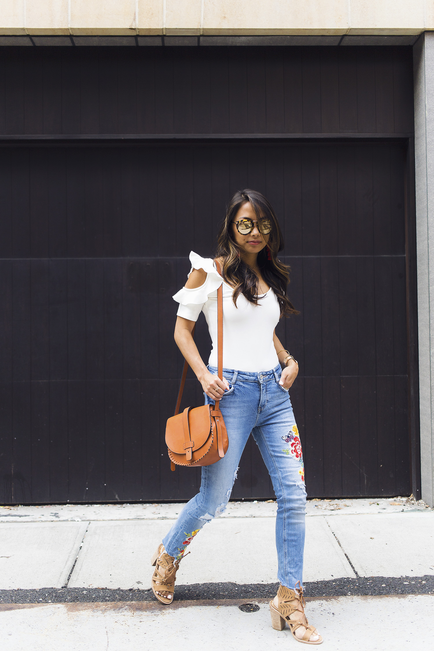 embroidered jeans, ruffles, bodysuit, summer style, the view from 5 ft. 2, nyc bloggers