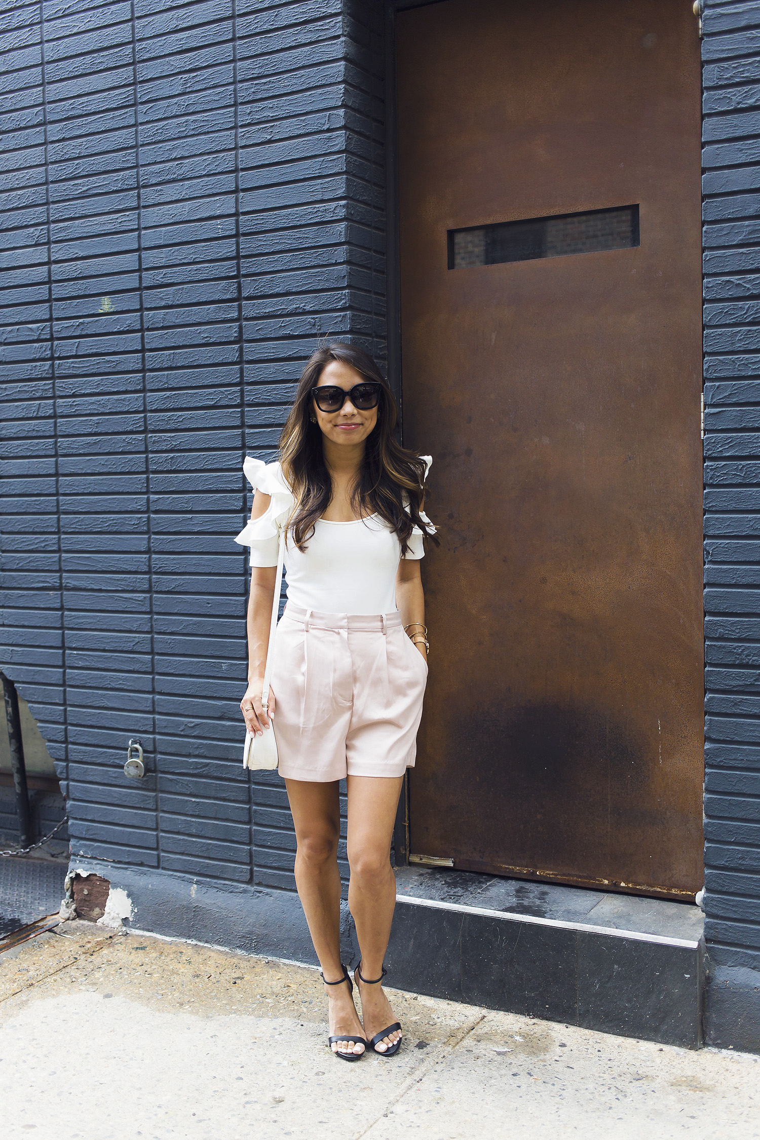 satin shorts, ruffle top, date night outfit, the view from 5 ft. 2