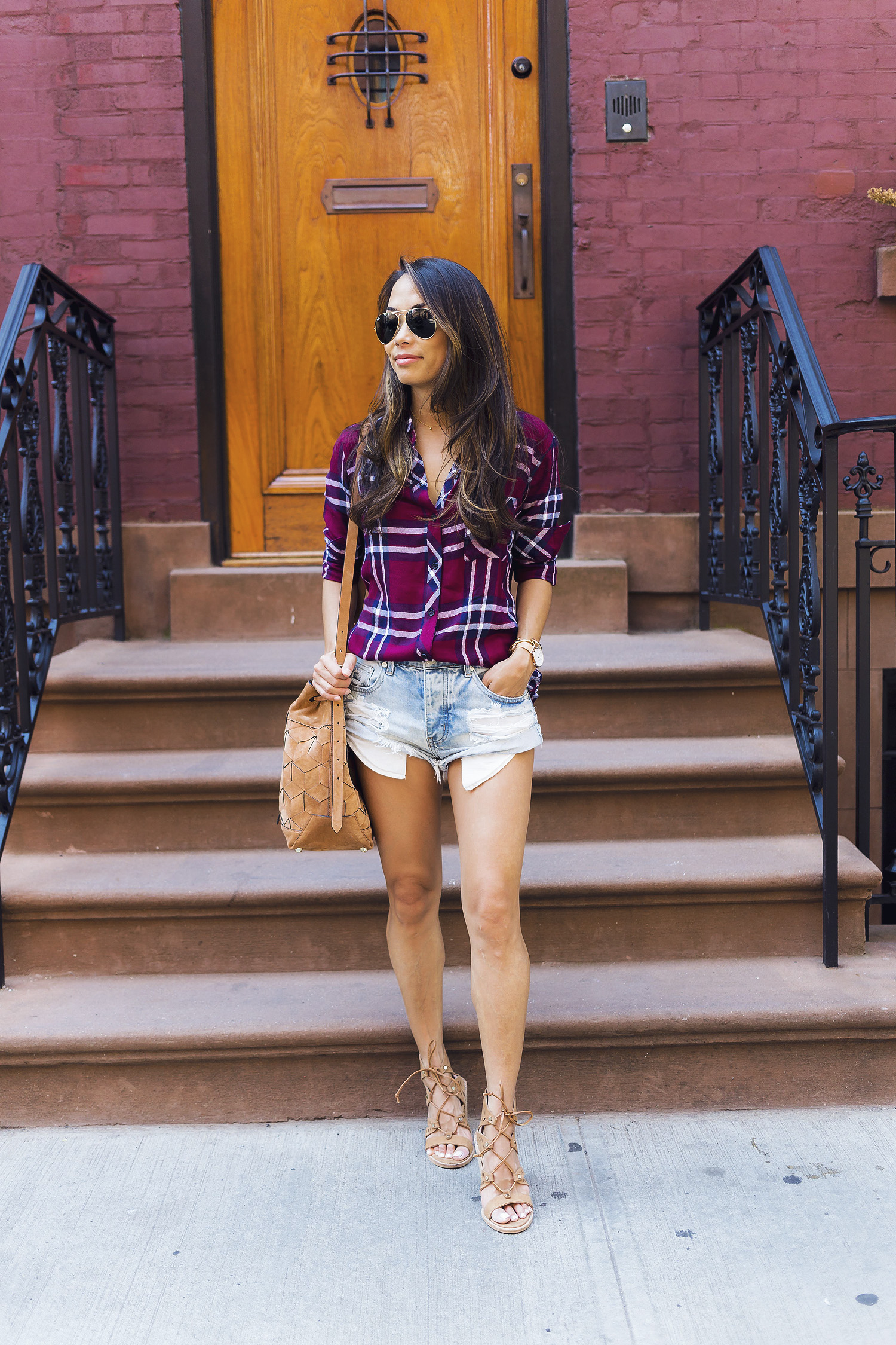 rails top, jean shorts, nordstrom, fall style, plaid shirt, new york bloggers, the view from 5 ft. 2