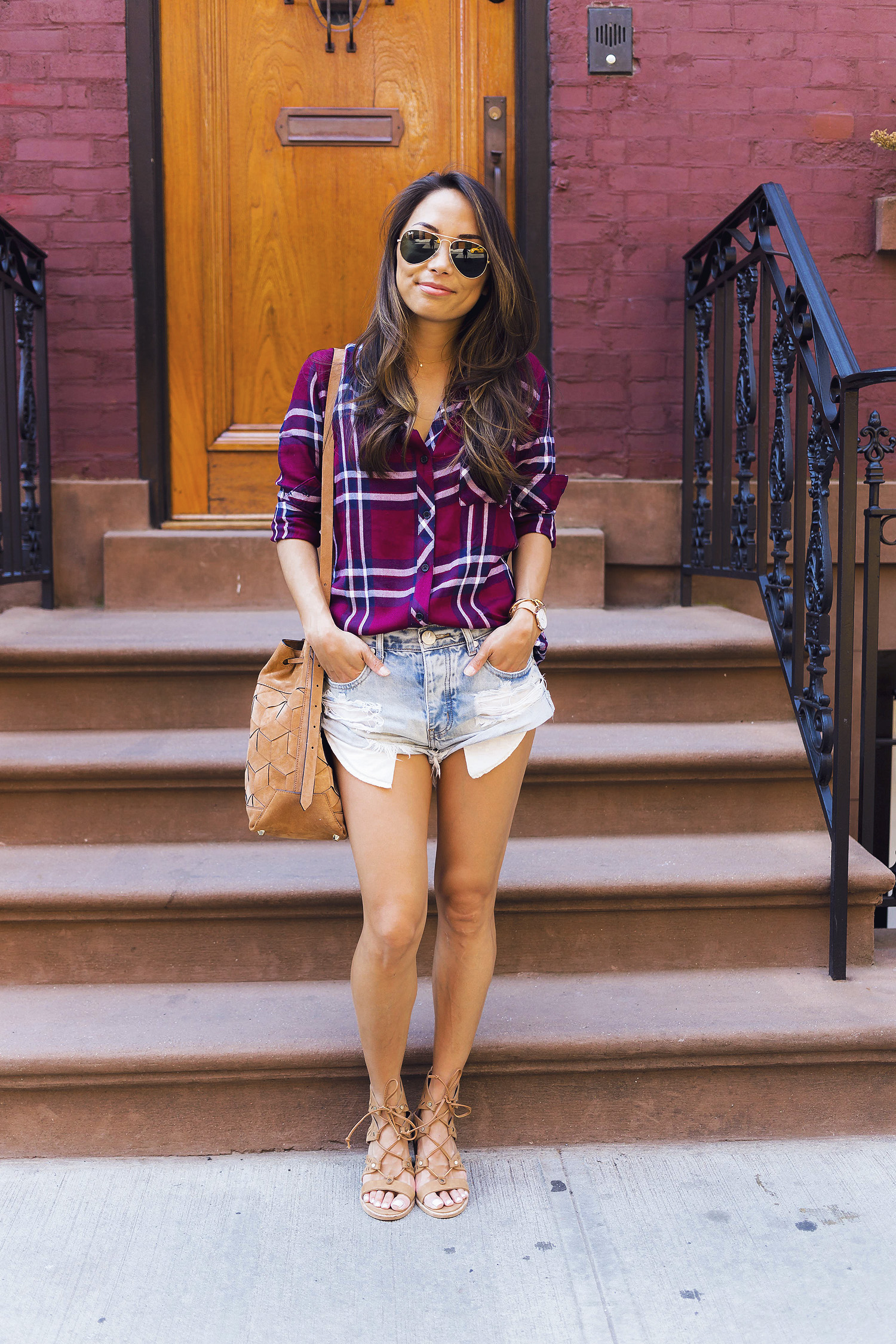 rails top, jean shorts, nordstrom, fall style, plaid shirt, new york bloggers, the view from 5 ft. 2