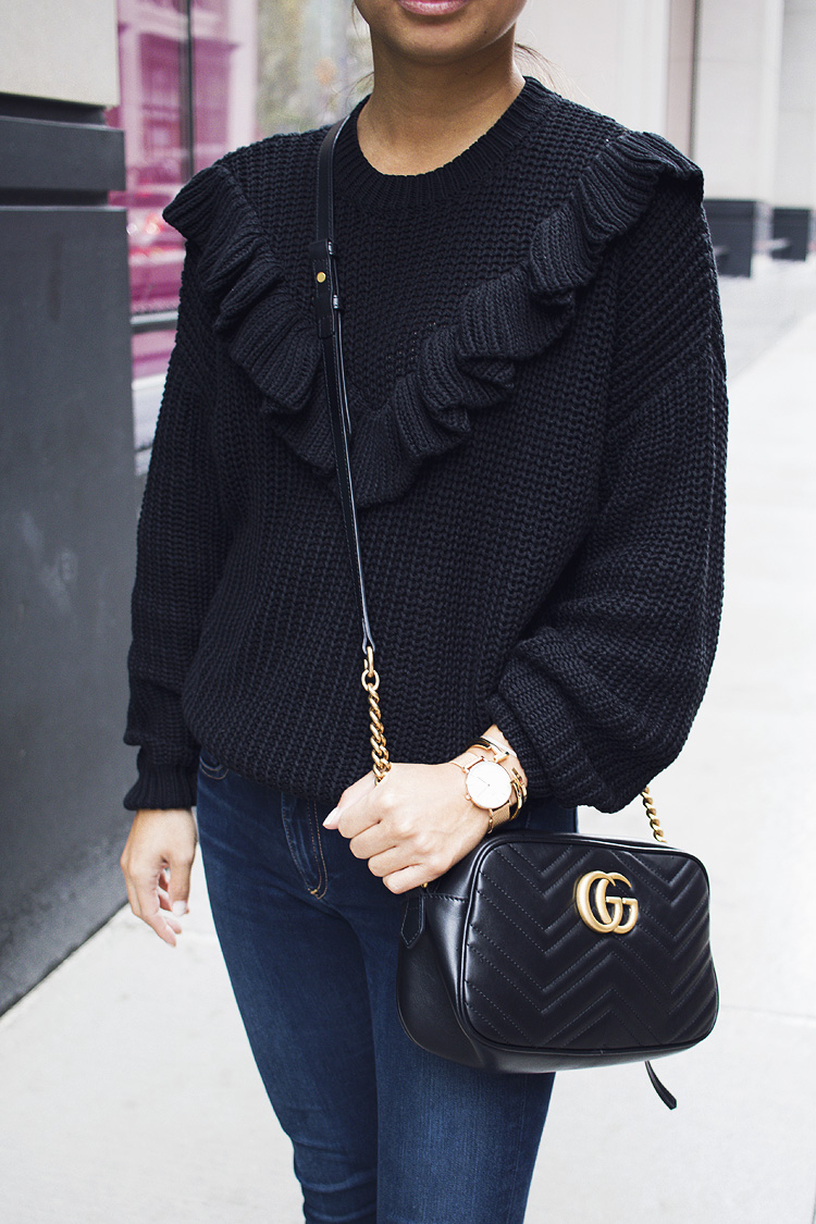 ruffle sweater, nordstrom sweaters, gucci bag, black booties, fall style