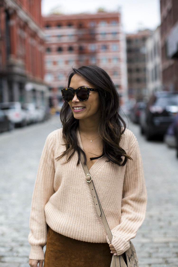 suede skirt, sweater, booties, welden bags