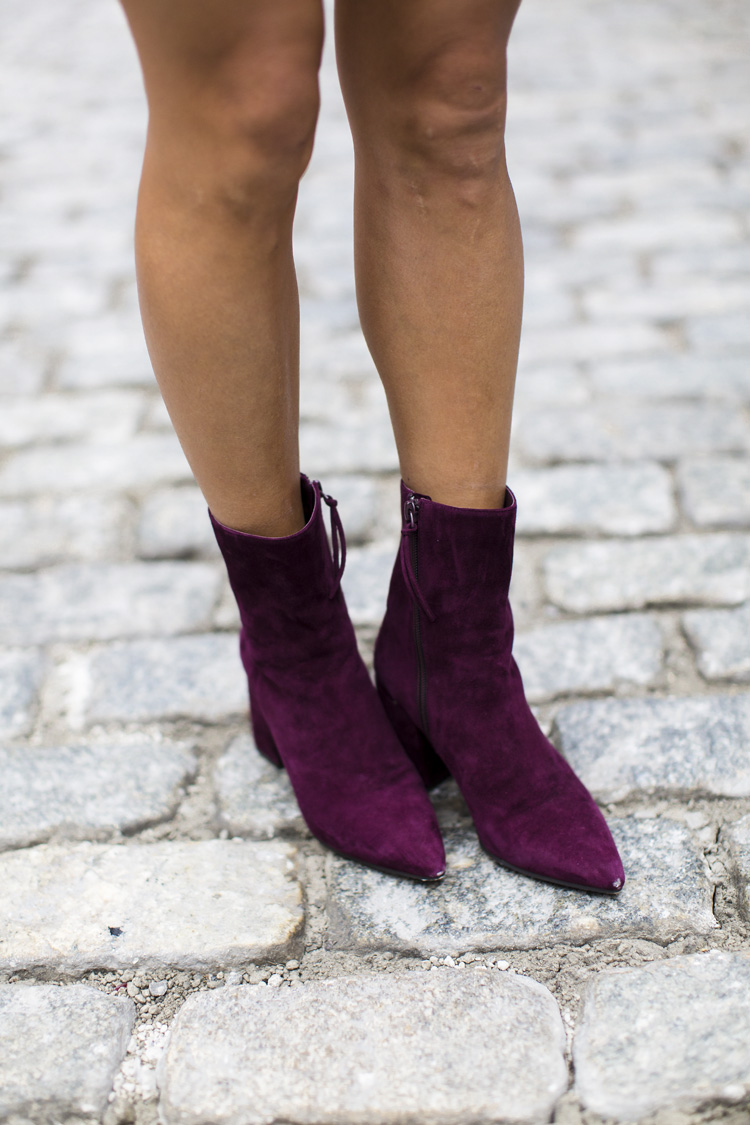 suede skirt, sweater, booties, welden bags