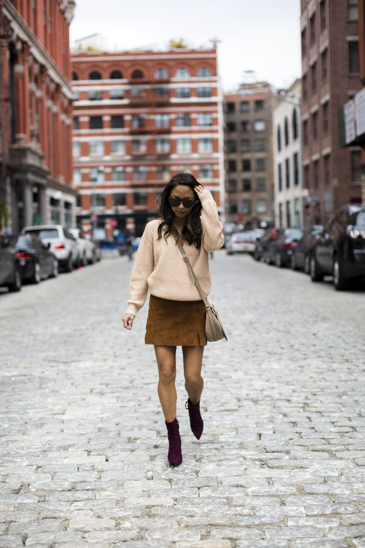 suede skirt, sweater, booties, welden bags