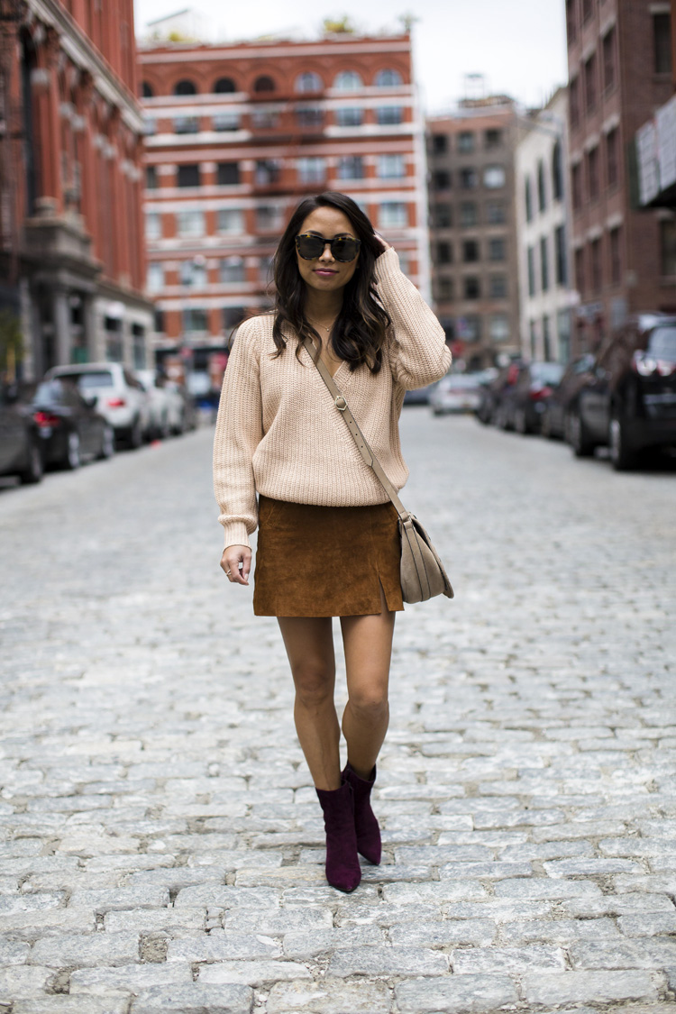 suede skirt, sweater, booties, welden bags