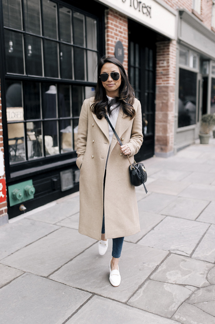 camel coat, white loafers, gucci bag, white sweater