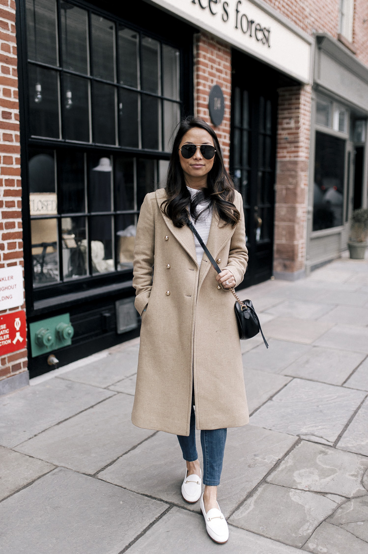 camel coat, white loafers, gucci bag, white sweater