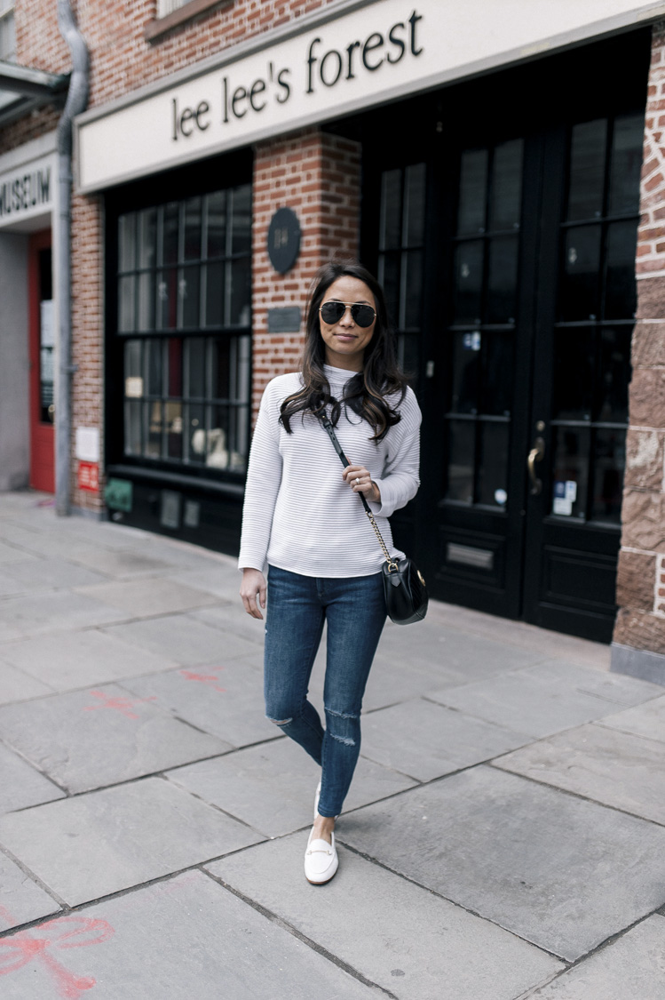 camel coat, white loafers, gucci bag, white sweater