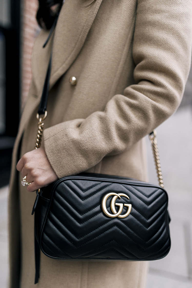 camel coat, white loafers, gucci bag, white sweater