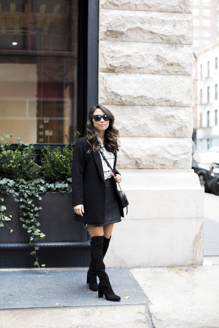 old navy, plaid shirt, leather skirt, stuart weitzman boots