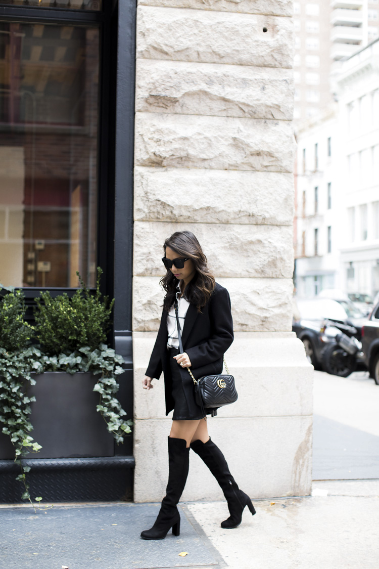 old navy, plaid shirt, leather skirt, stuart weitzman boots