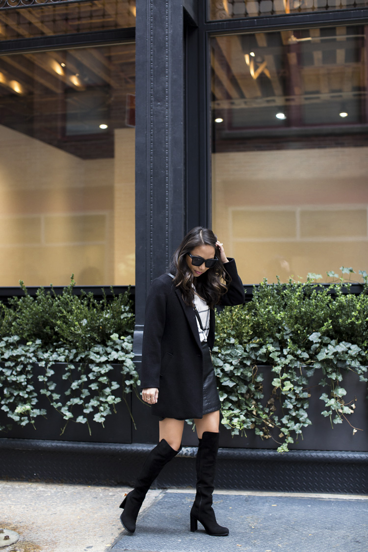 old navy, plaid shirt, leather skirt, stuart weitzman boots