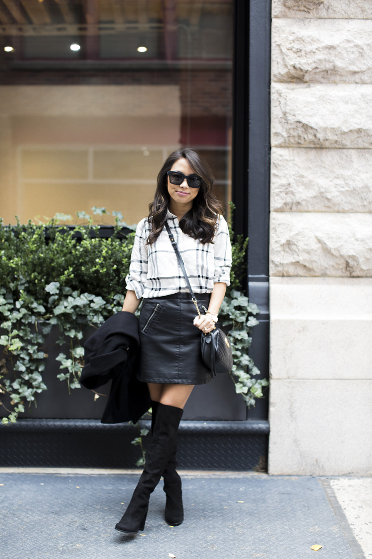 old navy, plaid shirt, leather skirt, stuart weitzman boots