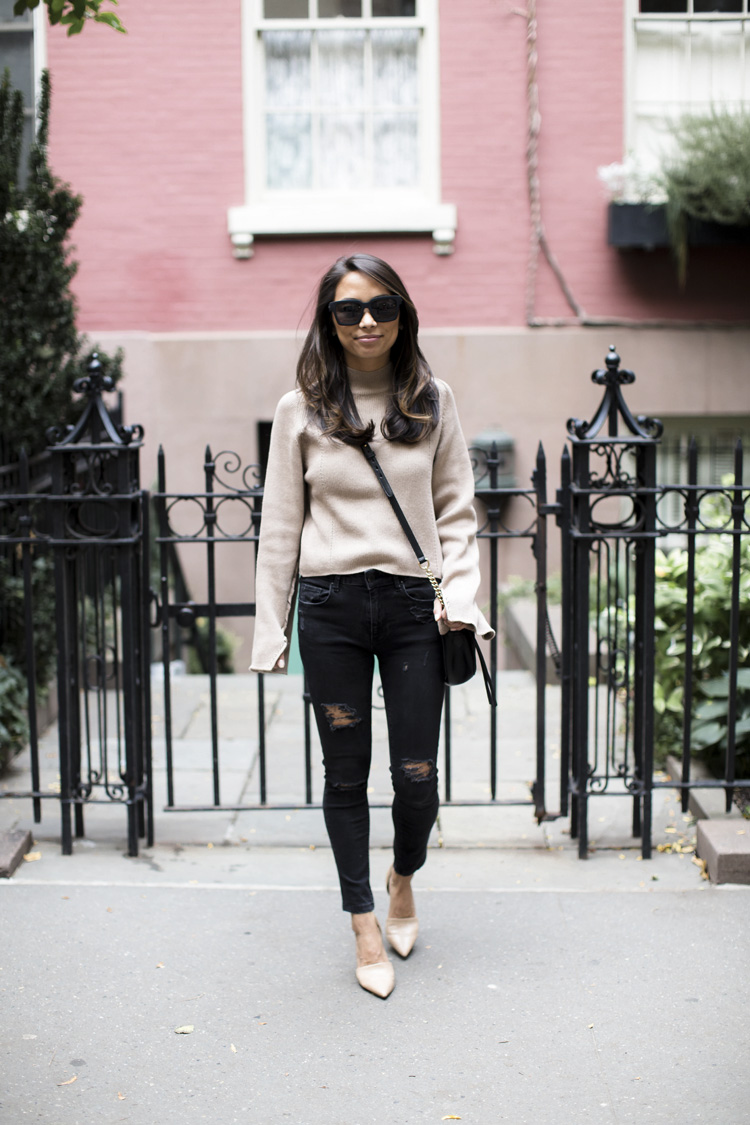 topshop sweater, lace sleeve sweater, nude heels, camel and black, nordstrom