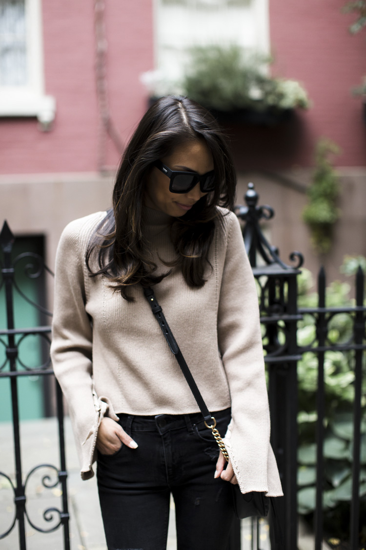 topshop sweater, lace sleeve sweater, nude heels, camel and black, nordstrom