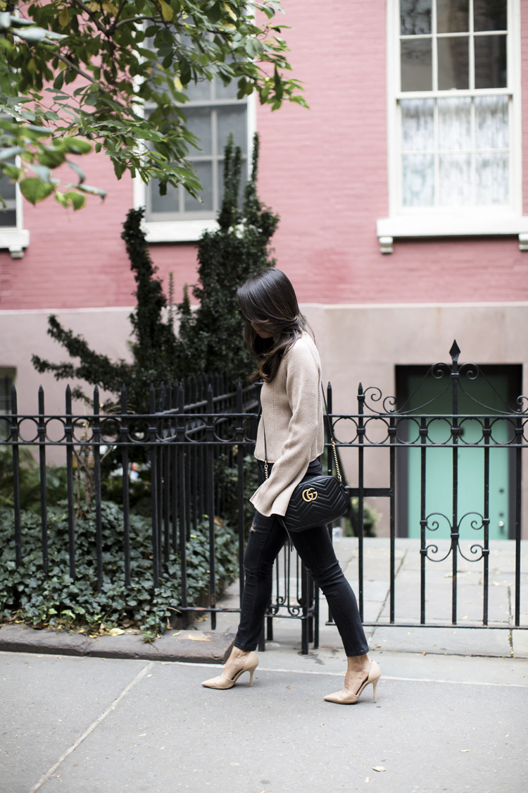 topshop sweater, lace sleeve sweater, nude heels, camel and black, nordstrom