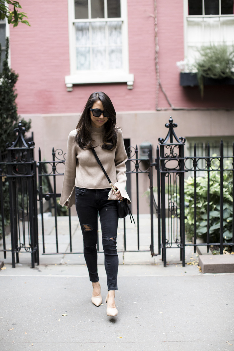 topshop sweater, lace sleeve sweater, nude heels, camel and black, nordstrom