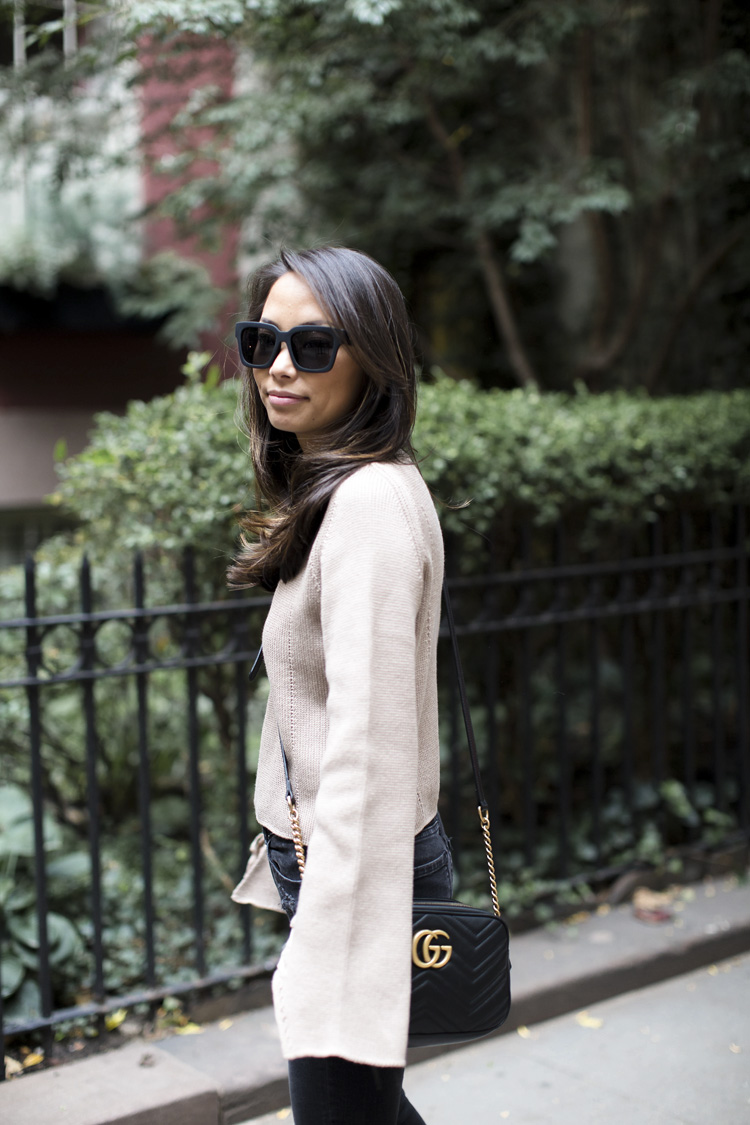 topshop sweater, lace sleeve sweater, nude heels, camel and black, nordstrom